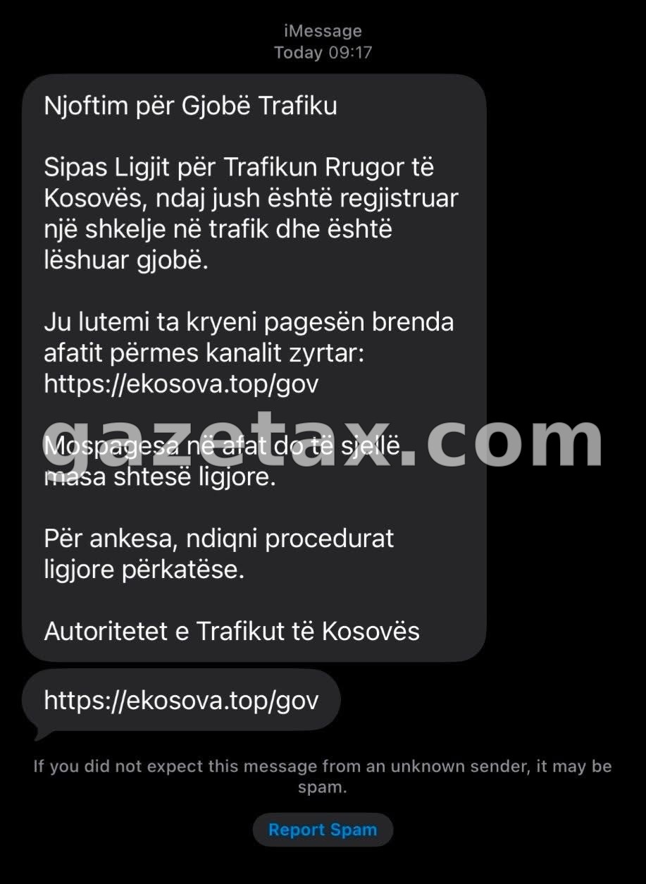Njoftim i Policisë së Kosovës për Mesazhet (SMS) mashtruese lidhur me Njoftimin per Gjobat në Trafik